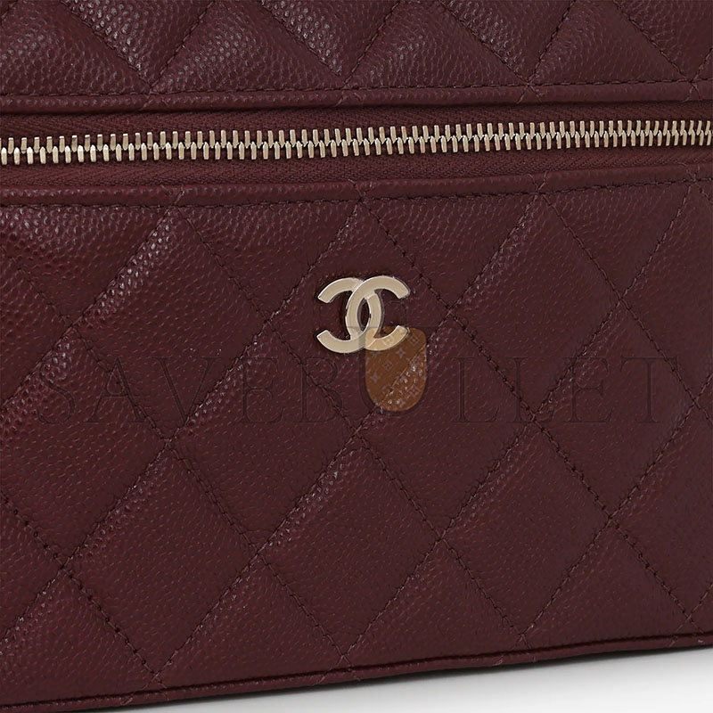 CHANEL MASTER TOP HANDLE VANITY WITH CHAIN BURGUNDY CAVIAR  CHAMPAGNE GOLD HARDWARE AP4385 (19*14*5cm)